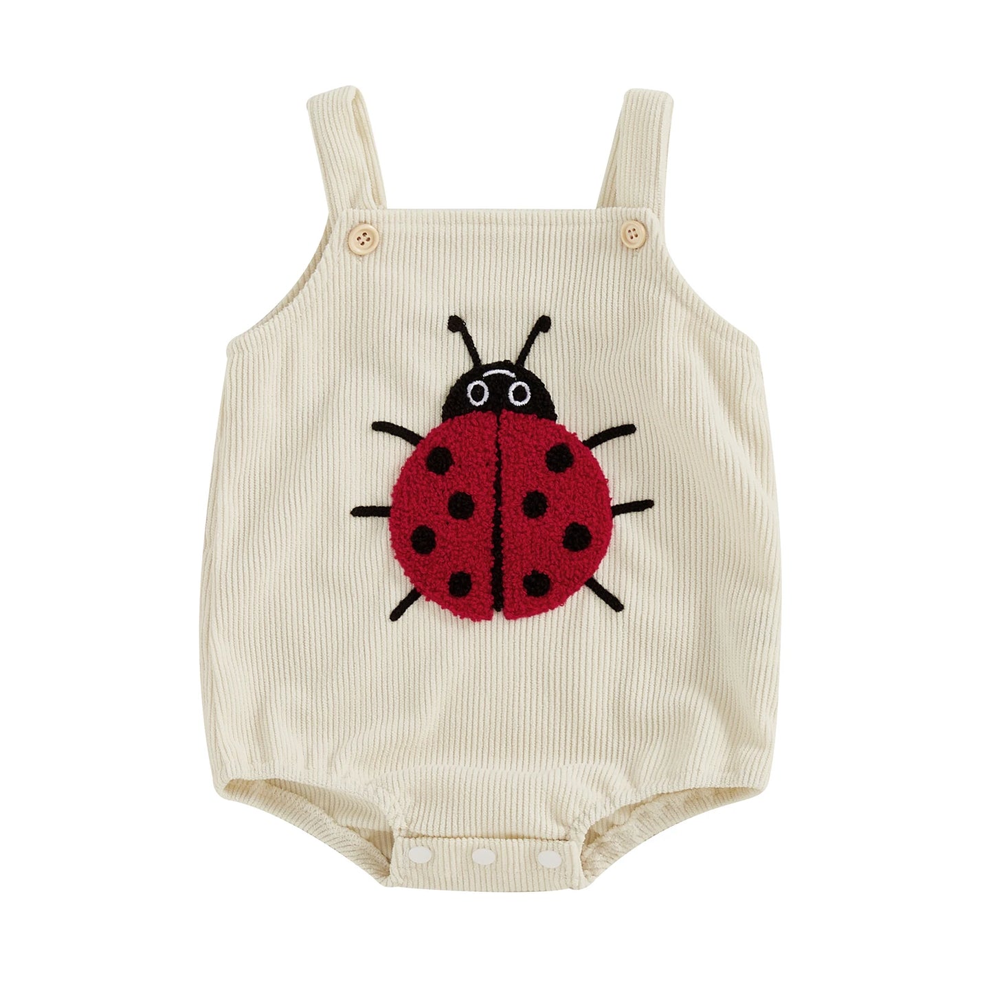 Studio portrait of the Little Lady ladybug embroidery romper for infants and toddlers.
