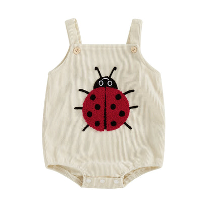 Studio portrait of the Little Lady ladybug embroidery romper for infants and toddlers.