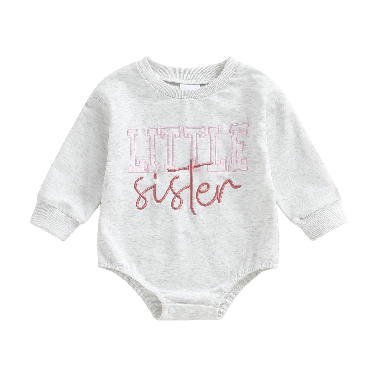 Light gray long-sleeve baby girl bubble romper featuring a pink Little Sister graphic on a white background.