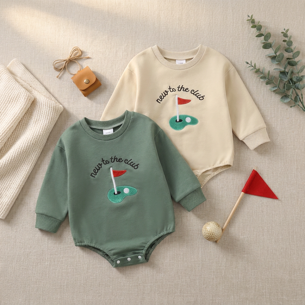 Flat lay displaying both the green and beige long-sleeve baby golf rompers styled with small toy props and greenery.
