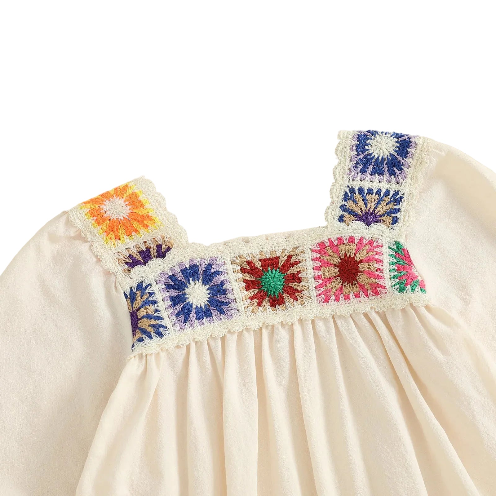 Detailed close-up view of the square collar and vibrant, multi-color embroidered crochet floral patchwork on the chest of the cream baby bodysuit.