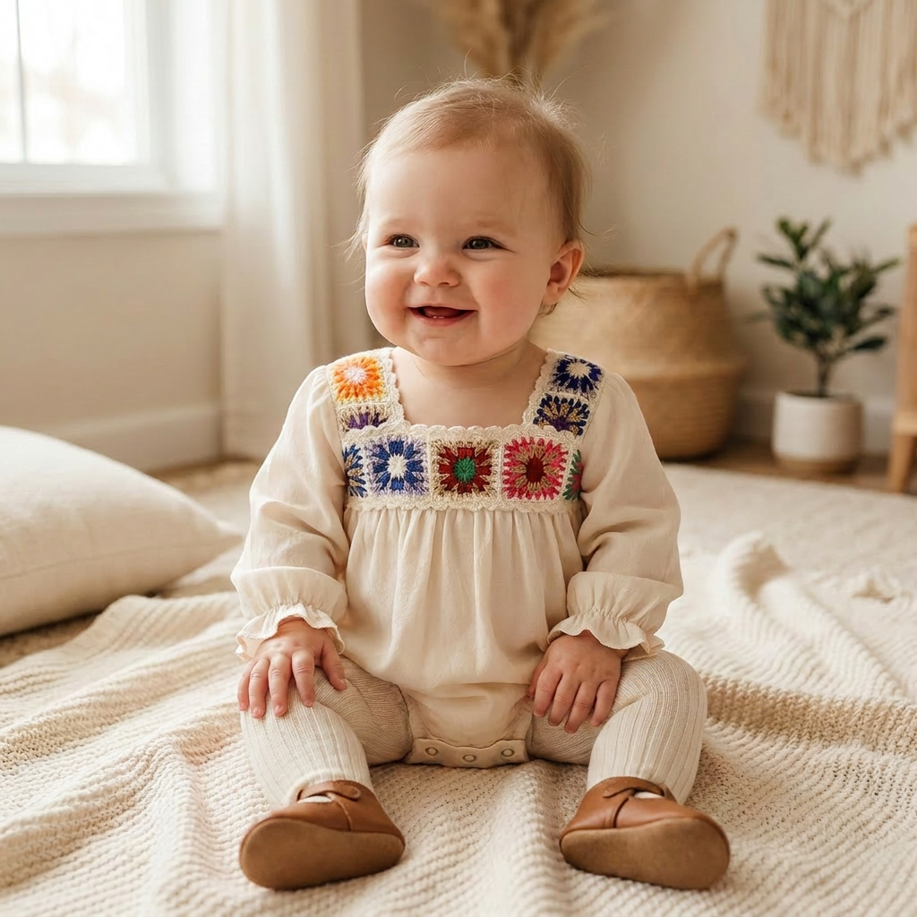 A happy baby girl wearing the beige long-sleeve crochet floral romper sitting indoors on a soft cream-colored blanket.