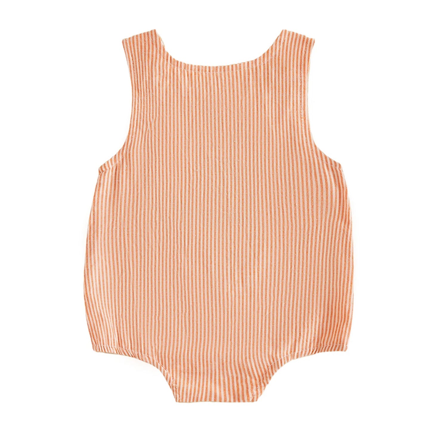 Back view of the sleeveless orange and white striped baby bubble romper.