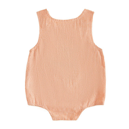 Back view of the sleeveless orange and white striped baby bubble romper.