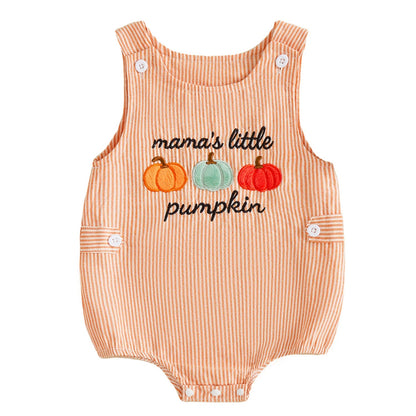 Front view of an orange and white striped baby bubble romper featuring embroidered pumpkins and the text mama's little pumpkin.