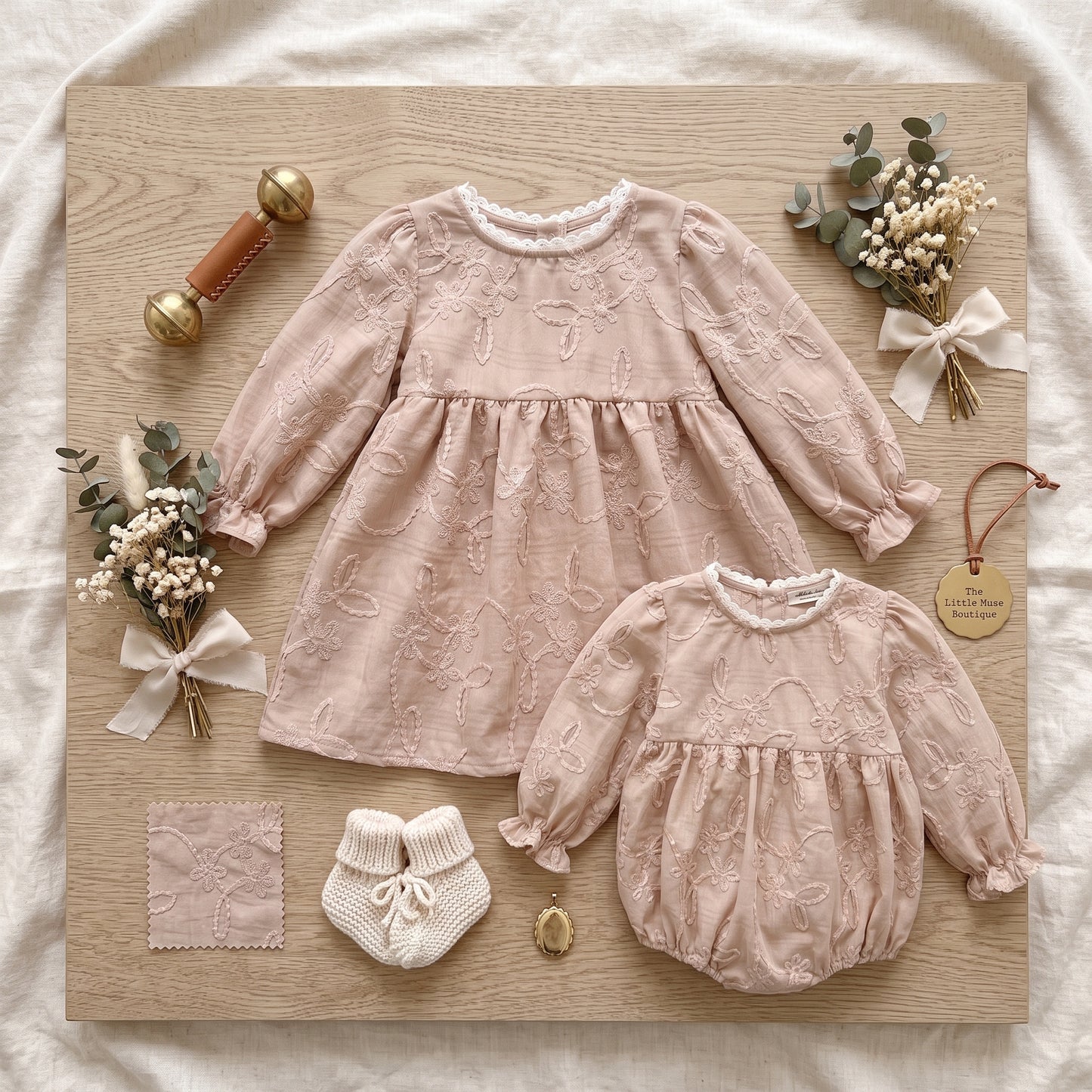Flat lay arrangement of matching beige floral embroidered toddler dress and baby bubble romper with neutral accessories.