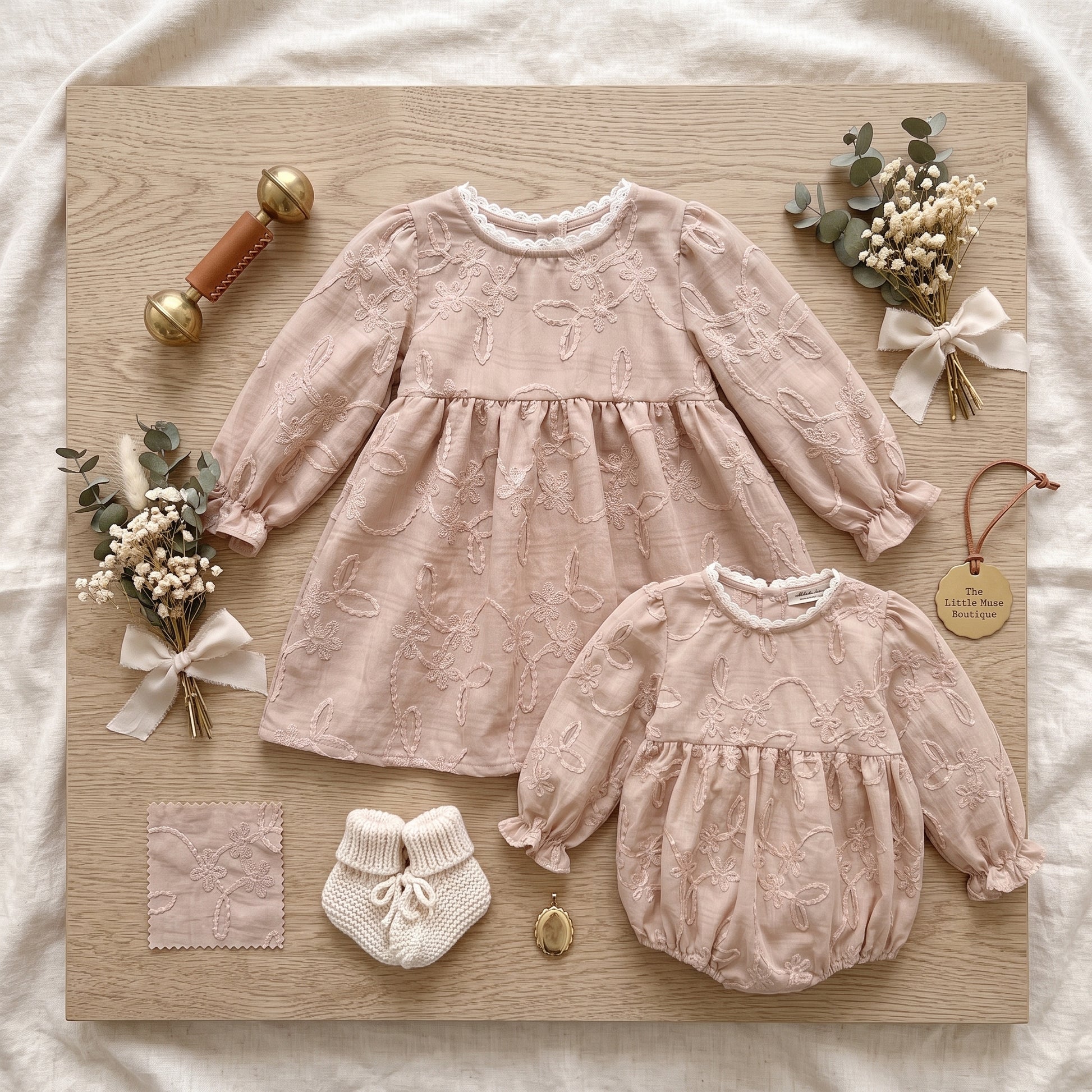 Flat lay arrangement of matching beige floral embroidered toddler dress and baby bubble romper with neutral accessories.