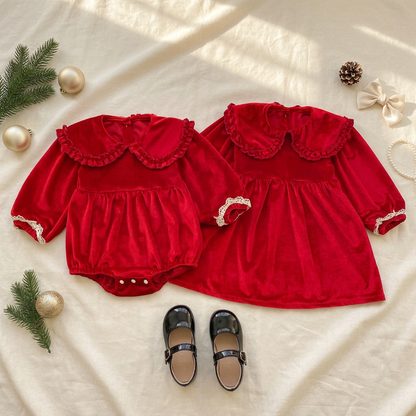 Matching sister holiday set with cherry red velvet baby romper and girls long sleeve dress