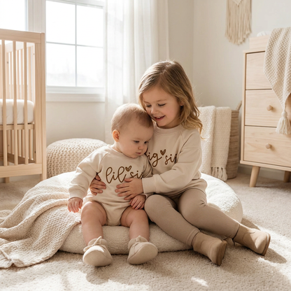 A toddler girl and baby sibling wearing matching cream Big Sis and Lil Sis outfits while sitting together in a beautifully lit nursery.