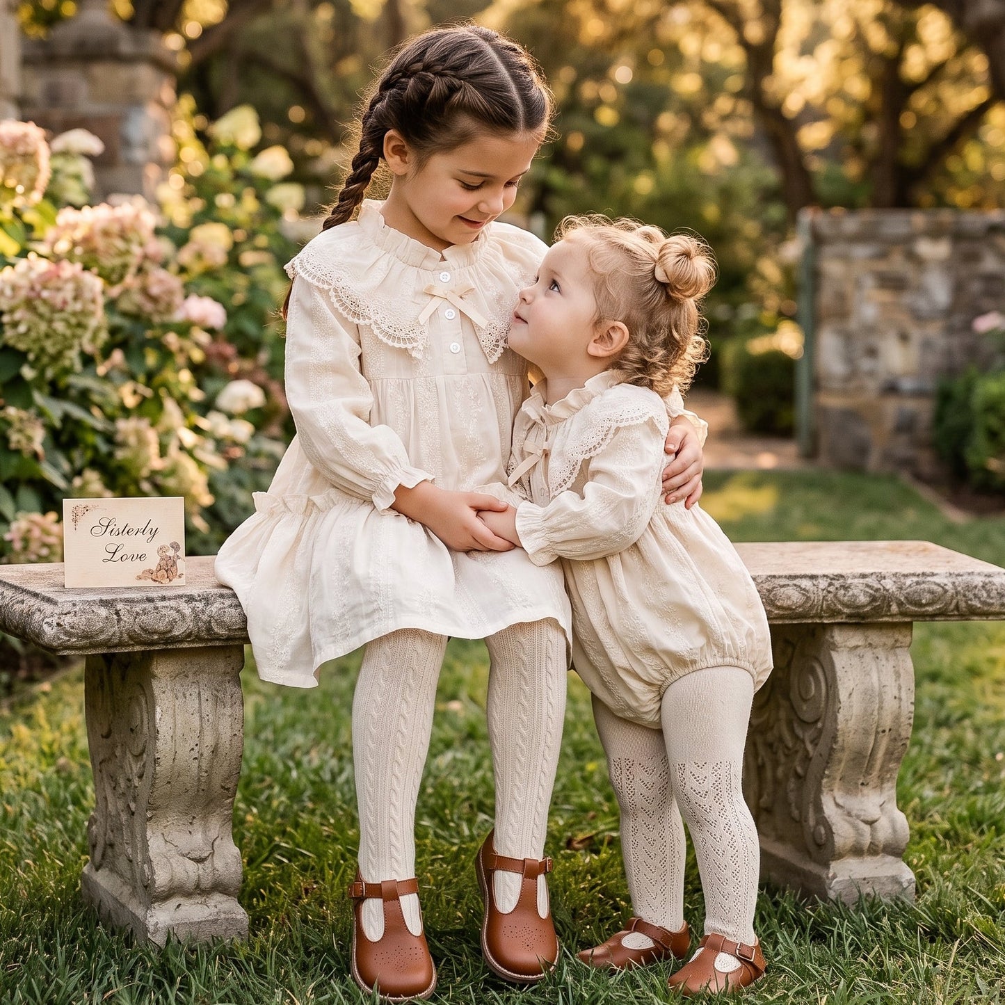 Matching big sister tiered dress and little sister bubble romper in off-white lace cottagecore style sitting outdoors.