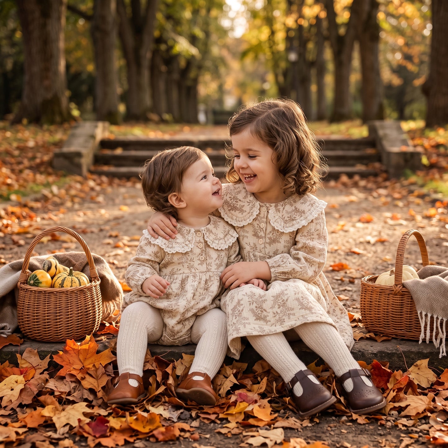 Matching sisters sitting together outdoors in an autumn park wearing matching vintage floral long sleeve dress and baby romper set.
