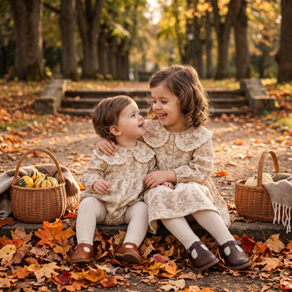 Matching sisters sitting together outdoors in an autumn park wearing matching vintage floral long sleeve dress and baby romper set.