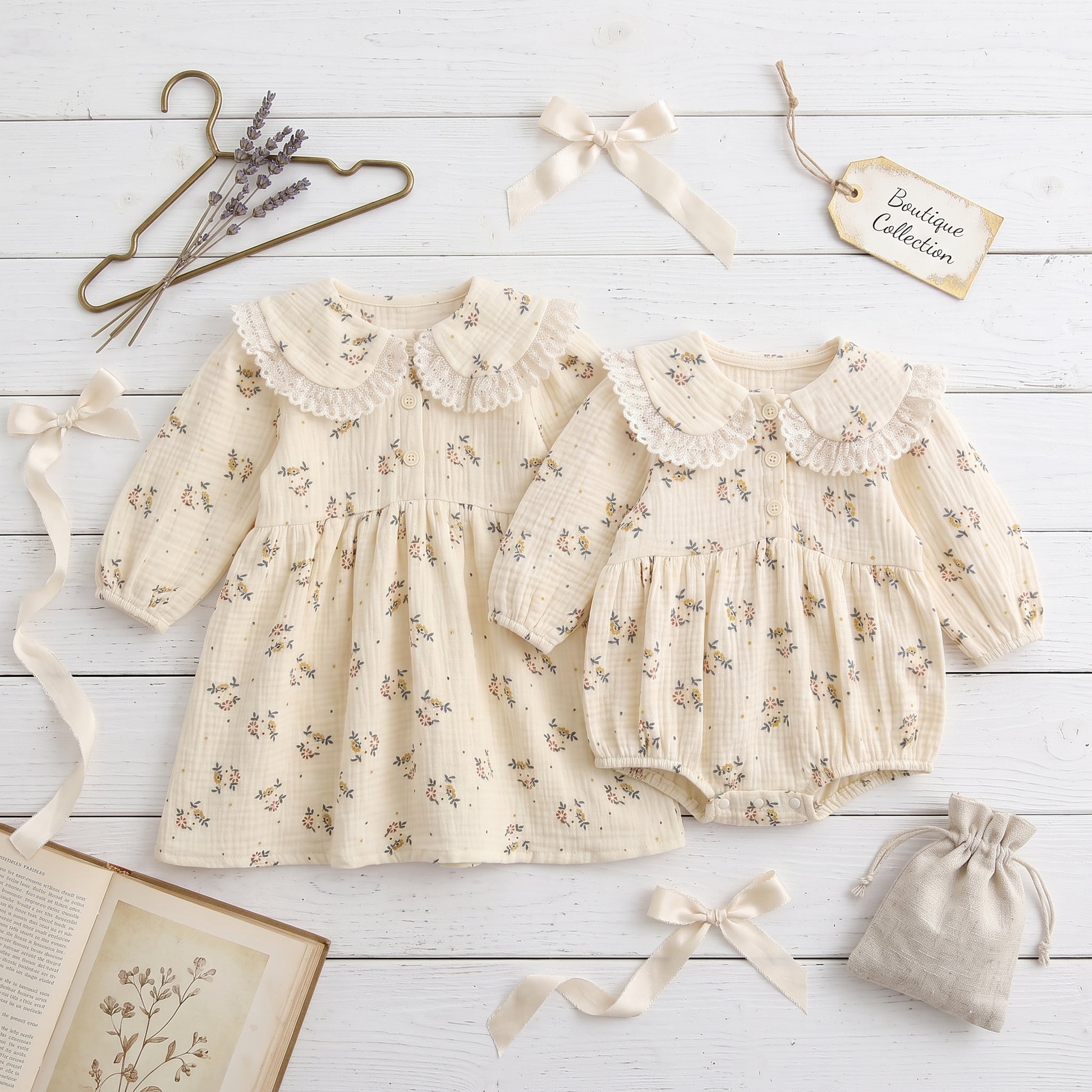 Flat lay of matching sister floral outfits including long sleeve girls dress and baby bubble romper on wood background.