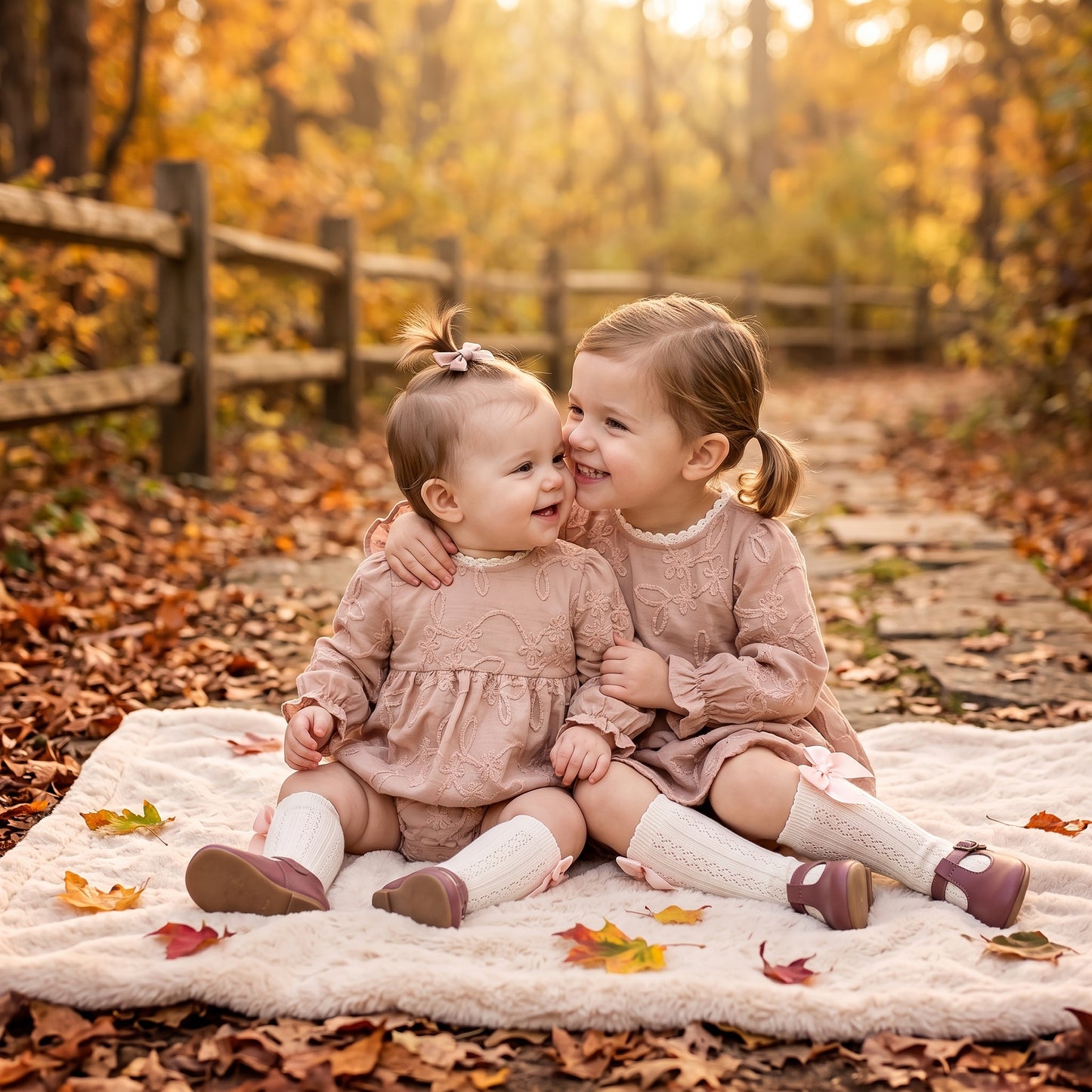 Matching baby and toddler sisters wearing beige floral embroidered outfits sitting on a blanket outdoors for fall family photos.
