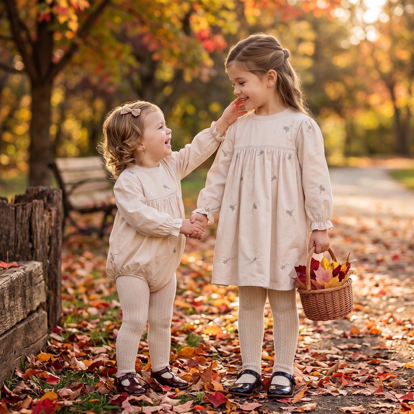 Two young sisters holding hands outdoors in fall autumn foliage wearing matching floral embroidered romper and dress