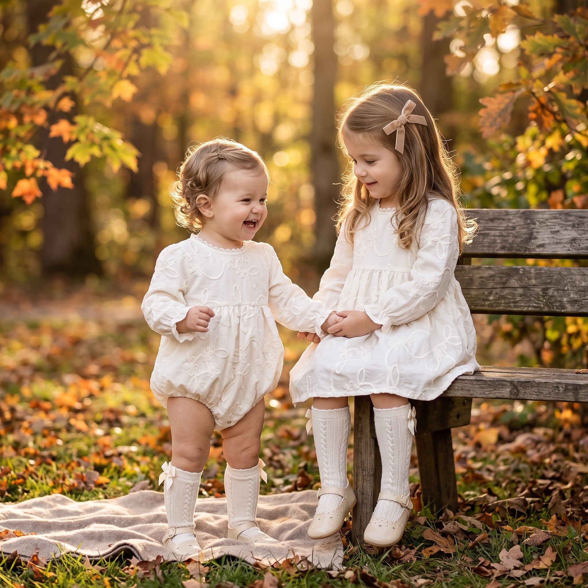 Matching baby and toddler sisters wearing white floral embroidered outfits sitting outdoors on a park bench for family photos.
