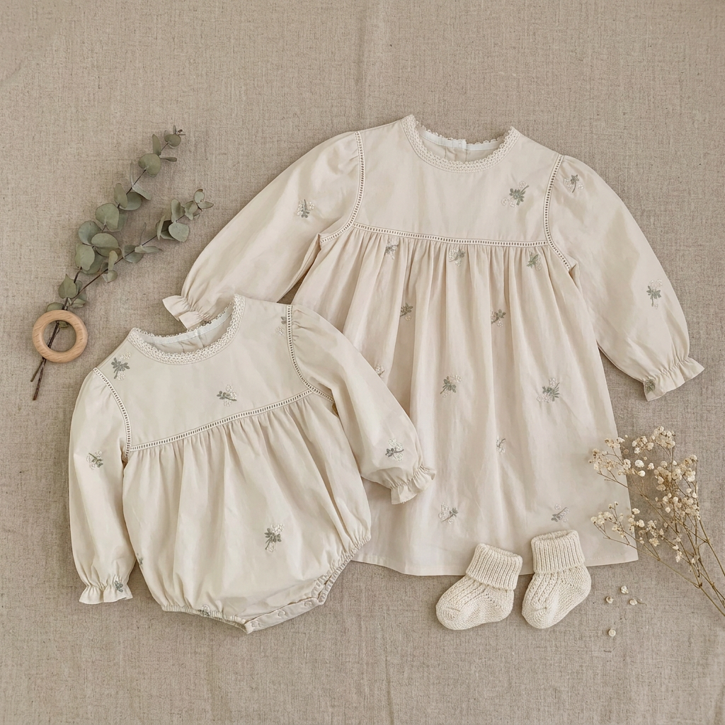 Flat lay photo of matching sister outfit set featuring long sleeve baby bubble romper and toddler dress with baby socks