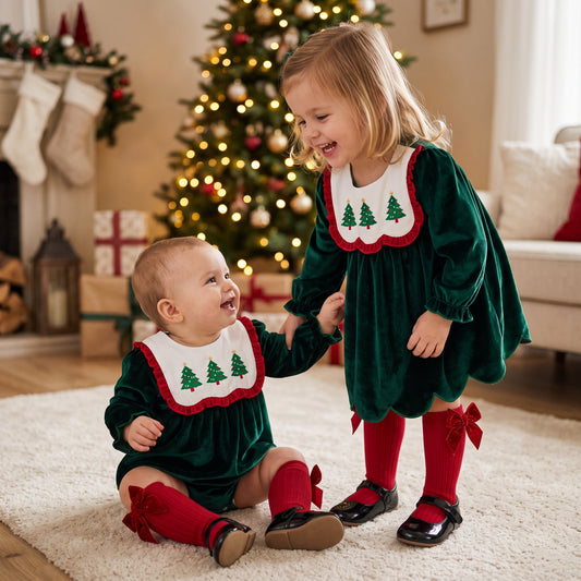 Baby and toddler sisters wearing matching emerald green velvet Christmas tree outfits in front of a Christmas tree