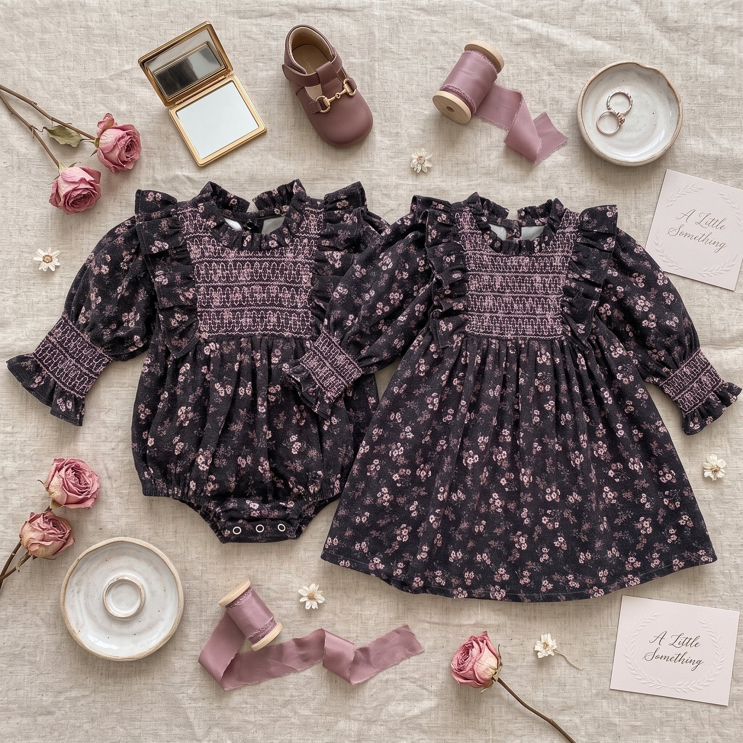 Matching sister collection flat lay featuring the baby girl grey floral smo