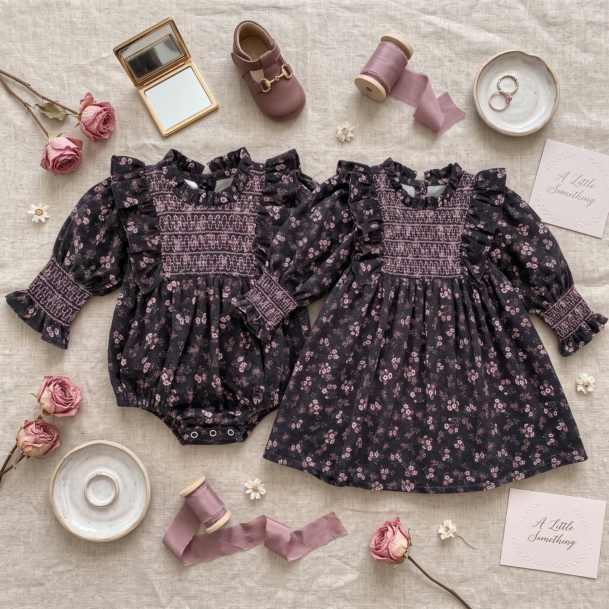 Matching sister collection flat lay featuring the baby girl grey floral smo