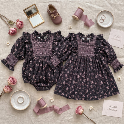 Matching sister collection flat lay featuring the baby girl grey floral smo