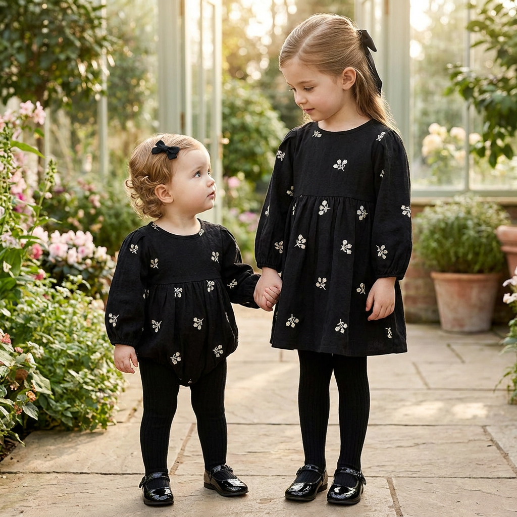 A baby and toddler sister duo holding hands outdoors wearing matching black floral embroidered outfits.