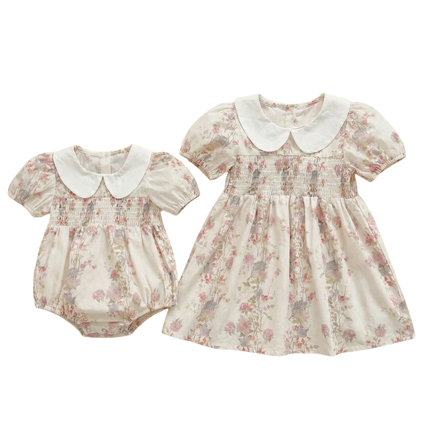 Sister Set of Matching Floral Romper and Dress for Easter or Church or Family Photo