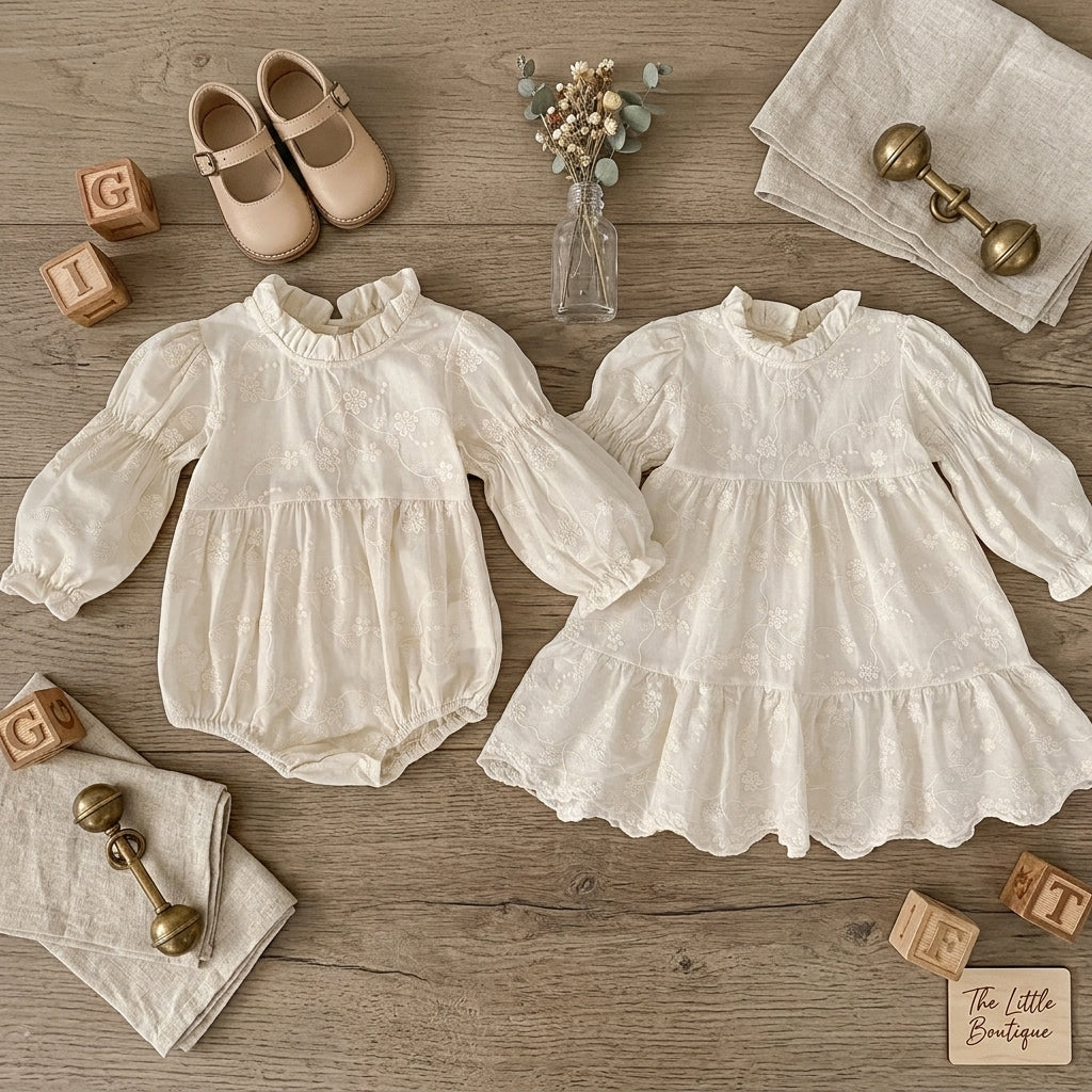 Flat lay view of matching sister set showing ivory floral embroidered baby bubble romper and girls cottagecore dress.