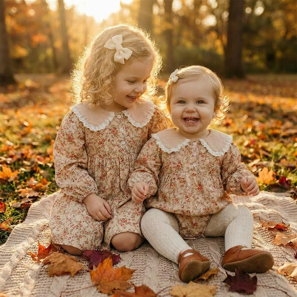 A smiling toddler and baby girl sitting together outdoors on a blanket surrounded by autumn leaves. They are wearing matching cottagecore outfits featuring lace Peter Pan collars: the older sister in the cream vintage floral long-sleeve dress, and the baby in the coordinating bubble romper with white ribbed tights.