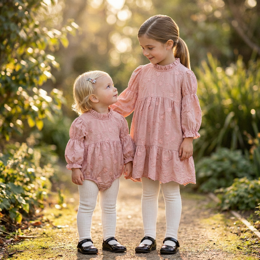 Two young sisters holding hands outdoors wearing matching boutique pink floral embroidered outfits, one in a tiered dress and one in a bubble romper.