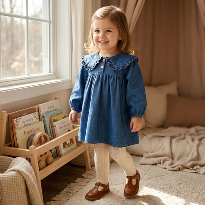 Matching baby girl blue denim romper and toddler sister denim dress laid flat together on a white background.