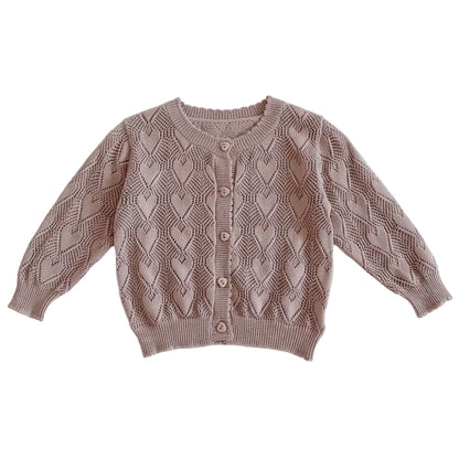 Full view of the mauve baby girl cotton knit pointelle heart cardigan sweater laid flat against a white background.