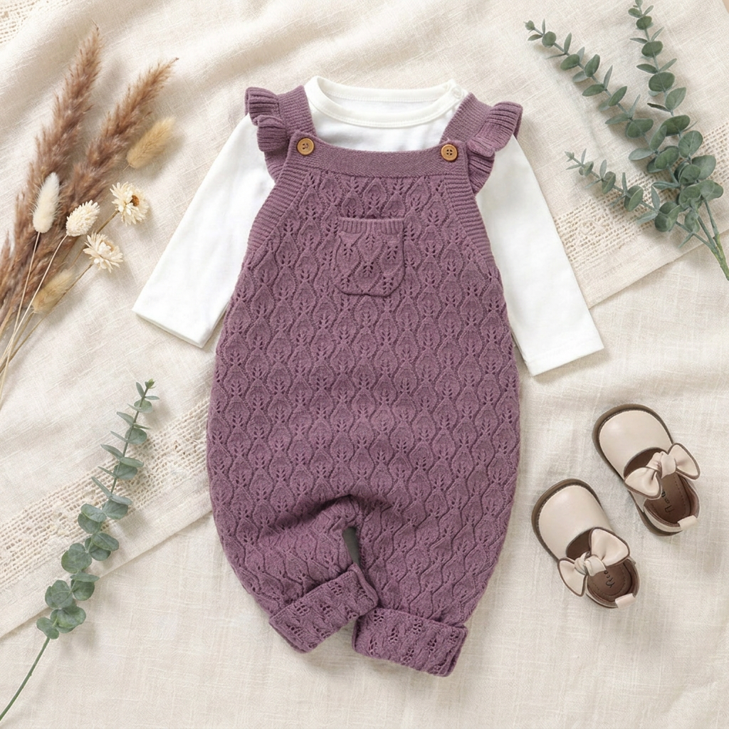 Styled fall baby outfit featuring mauve knit overalls layered over a white shirt, paired with baby shoes and greenery on a textured rug.
