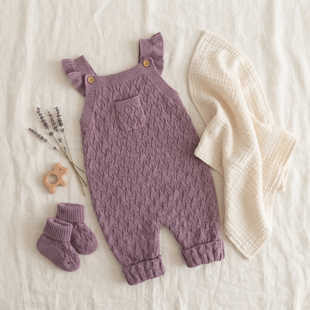 Mauve baby knit overalls styled with matching knitted baby socks and a cream muslin swaddle blanket.