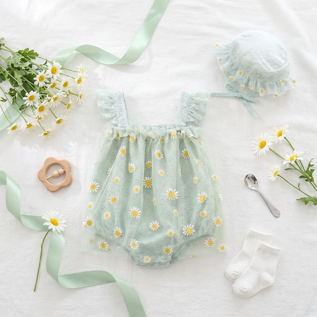 Mint green baby romper with daisy pattern, matching hat, and baby items on a white background.