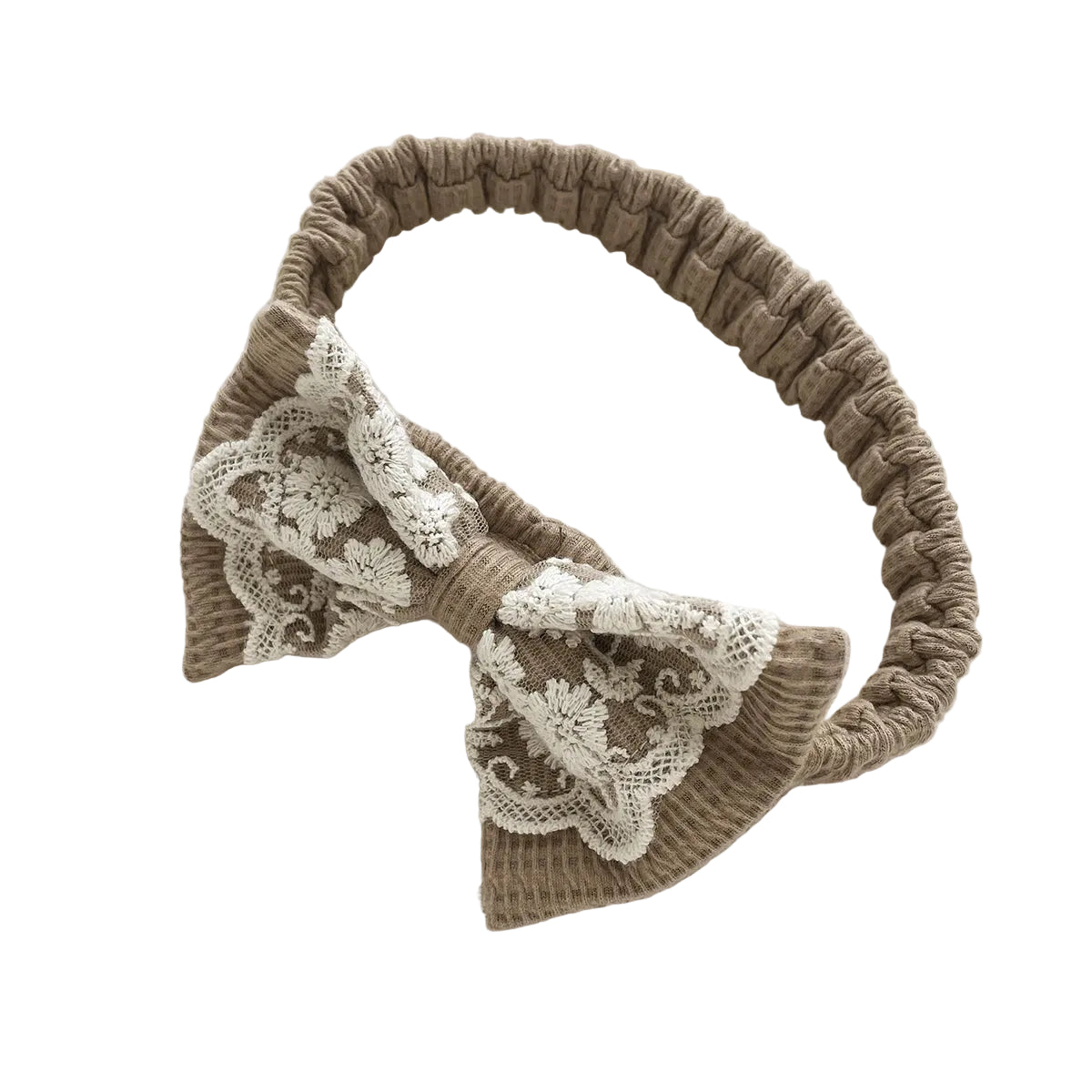 Stretchy mocha brown waffle knit baby girl headband featuring a vintage cream lace bow.