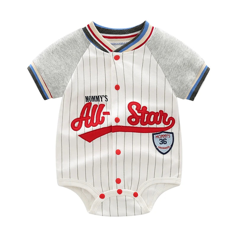 Infant Mommy's All-Star pinstripe baseball jersey romper in grey and white, crafted from 100% pure cotton.