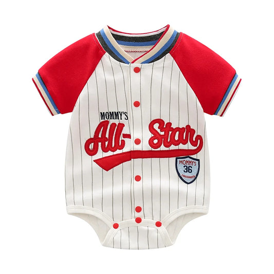 Mommy's All-Star 100% pure cotton baby boy baseball romper in red and white pinstripe with premium embroidered patches.