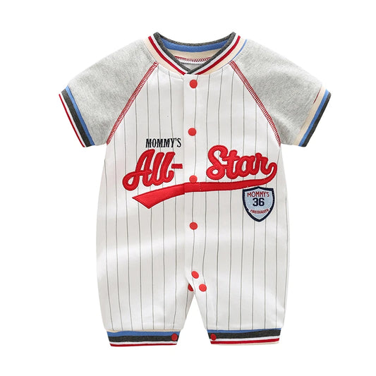 Mommy's All-Star baby boy baseball shortall in 100% pure cotton featuring athletic grey raglan sleeves and red pinstripes.