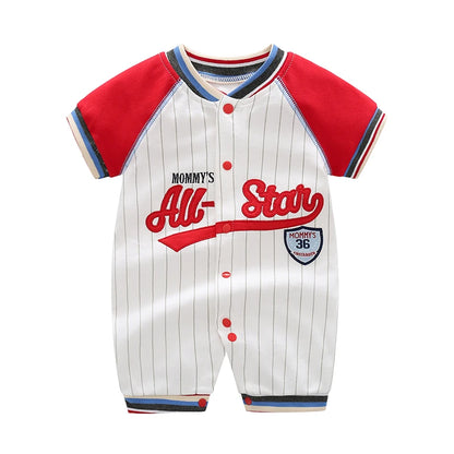 Mommy's All-Star infant baseball shortall crafted from 100% pure cotton with vibrant red sleeves and matching pinstripe detailing.