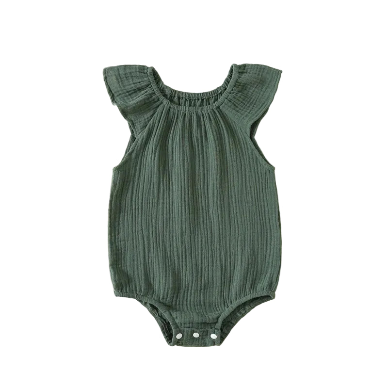 Kidsely breathable cotton muslin flutter sleeve romper in deep juniper pine green.