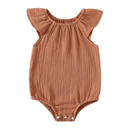 Kidsely baby girl premium muslin flutter sleeve romper in earthy terracotta orange.