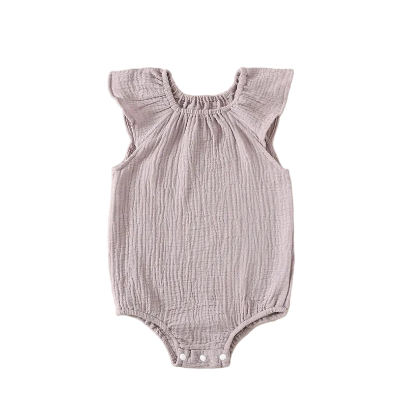 Kidsely boho-style muslin flutter sleeve romper in soft wild lavender purple.