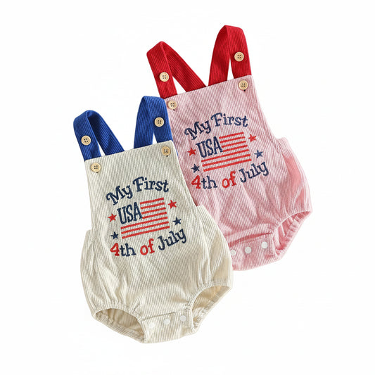 Infant baby boy and girl My First 4th of July embroidered bubble rompers in cream and pink.