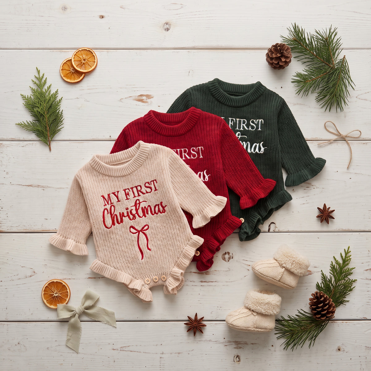 Flat lay of beige, red, and dark green baby girl My First Christmas knit sweater rompers with holiday decorations.