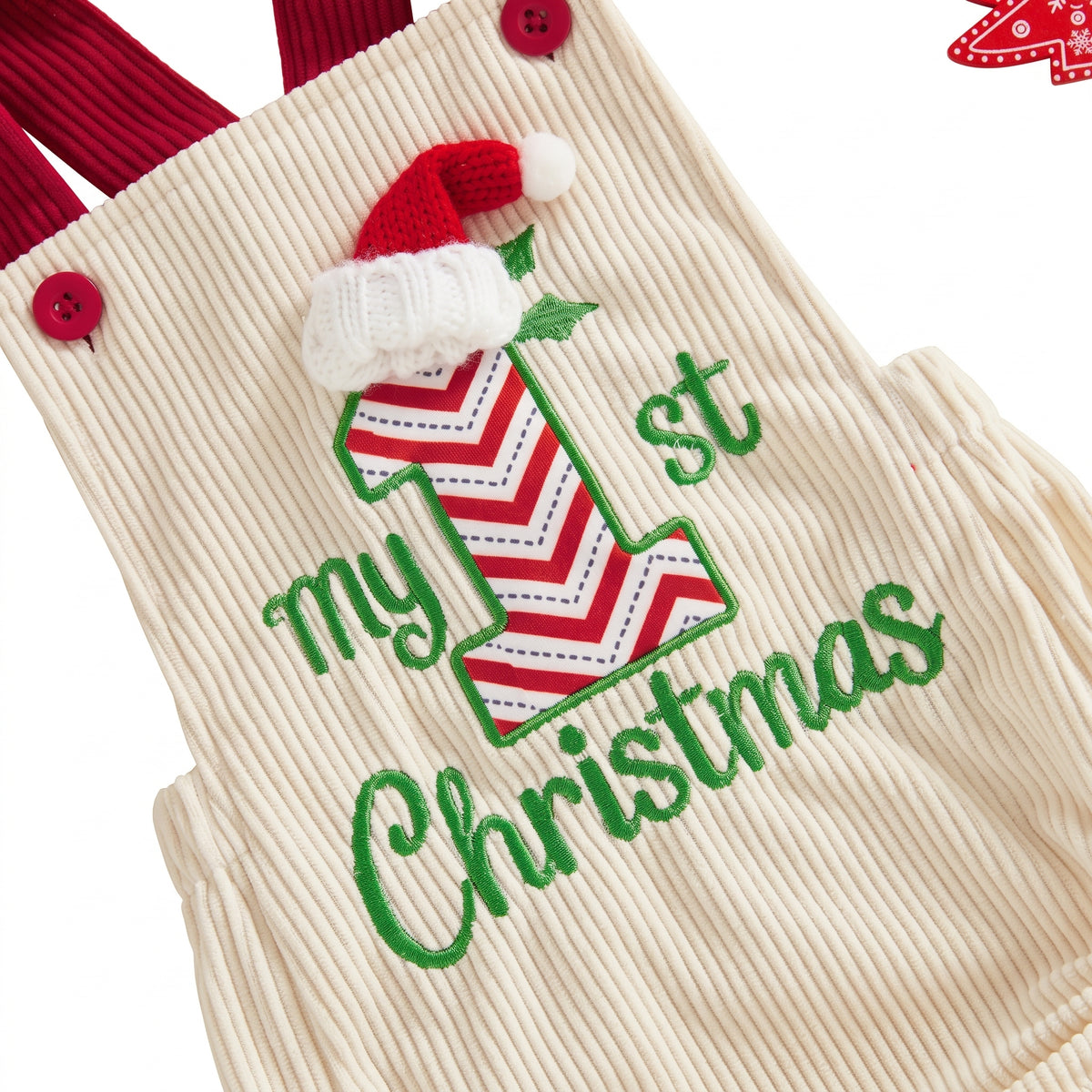 Close up view of high quality My 1st Christmas embroidery on cream corduroy baby romper