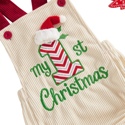 Close up view of high quality My 1st Christmas embroidery on cream corduroy baby romper