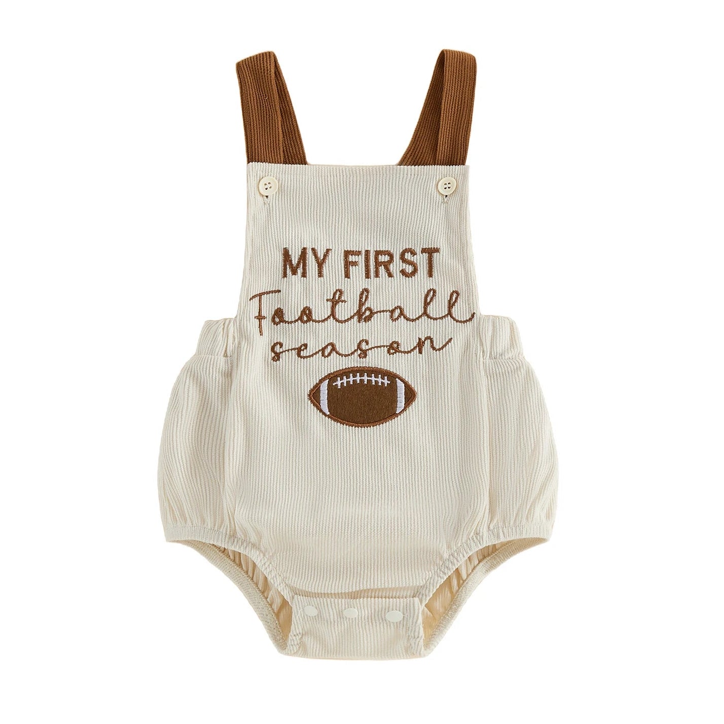 Front view of the unisex kidsely cream corduroy baby overalls bubble romper featuring brown ribbed shoulder straps and "My First Football Season" embroidery on a clean white background.