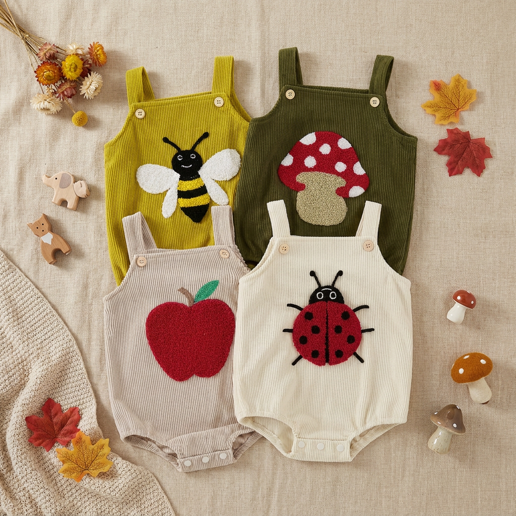 Whimsical flat-lay of the full Nature Collection baby rompers surrounded by autumn leaves and wooden toys.