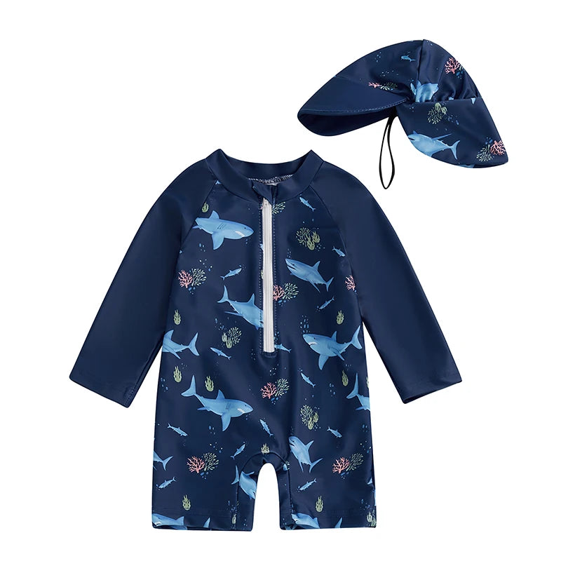 Premium 2-piece toddler boy swimwear set featuring a navy blue shark print long sleeve rash guard and matching wide-brim sun hat for UPF 50+ protection.
